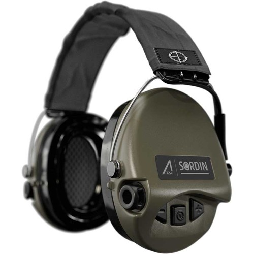 Słuchawki aktywne Ace Sordin, szara materiałowa opaska, zielone miseczki, żelowe wkładki